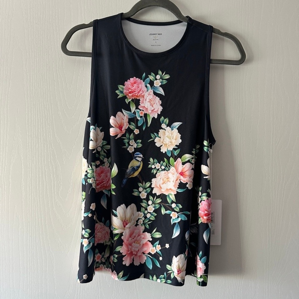 Johnny Was Active Birdie High Neck Swing Tank Floral Bird Print Black Small NWT